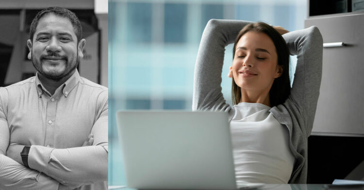 Mujer ejecutiva sentada frente a su laptop con una expresión de calma y relajación